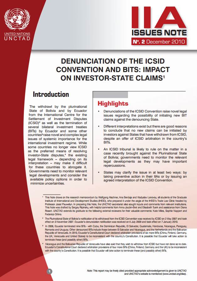 IIA Issues Note Denunciation of the ICSID convention and BITS